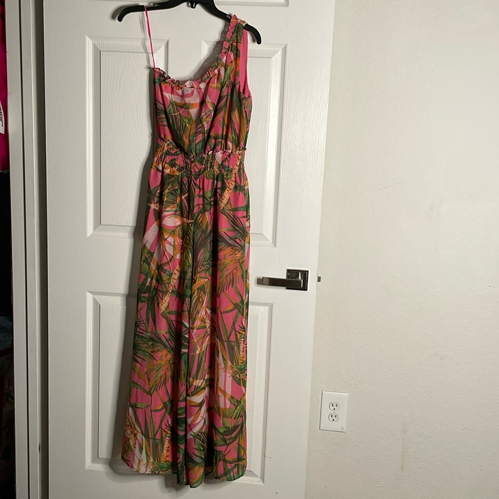 Taylor palm tree print one shoulder jumpsuit